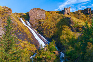 Wall Mural - View of Systrafoss waterfall in the village of Klaustur.South Iceland