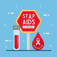 Canvas Print - stop aids with ribbon on road sign tube and drop design, first december and awareness theme Vector illustration