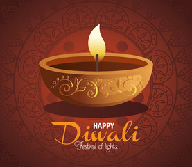 Sticker - Happy diwali diya candle with mandala on red background design, Festival of lights theme Vector illustration