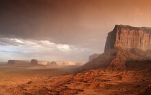 Sand Storm Before A Thunderstorm In The Evening Light, Mesas, Mitchell Mesa, Elephant Butte, Camel Butte, Raingod Mesa, Monument Valley, Navajo Tribal Park, Navajo Nation Reservation, Arizona, Utah, United States Of America, USA, North America