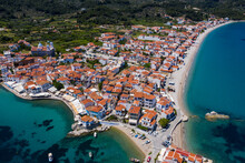 Greece, Kokkari, Aerial View Of Coastal Town In Summer