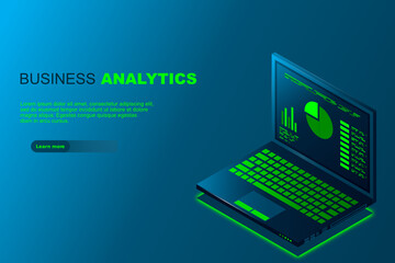 Poster - Concept business strategy, Web banner with laptop, Analysis data and Investment, Technology theme, Financial review with laptop and infographic elements, 3d isometric, Vector illustration.