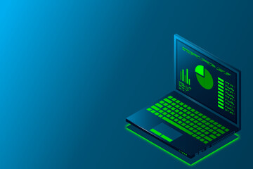 Poster - Concept business strategy, Web banner with laptop, Analysis data and Investment, Technology theme, Financial review with laptop and infographic elements, 3d isometric, Vector illustration.