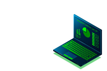 Poster - Concept business strategy, Web banner with laptop, Analysis data and Investment, Technology theme, Financial review with laptop and infographic elements, 3d isometric, Vector illustration.
