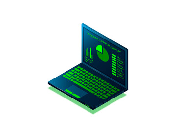 Poster - Concept business strategy, Web banner with laptop, Analysis data and Investment, Technology theme, Financial review with laptop and infographic elements, 3d isometric, Vector illustration.