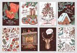 Fototapeta Na sufit - Collection of vector Christmas and New Year greeting cards. Holiday banners or posters with vector linear doodle illustrations. Hand drawn color sketch festive postcards