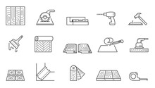 Home Repair Icons Set. Wallpapering And Installing Laminate Flooring Polishing Wooden Floors Laying Tiles Sawing Tiles Size And Laying Skirting Boards Nailing Planks And False Ceilings. Vector Icon.