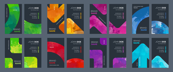 Wall Mural - Bundle set of vertical business card template with colorful vector watercolor elements on black background