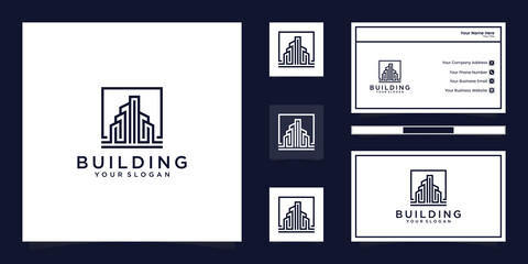 Wall Mural - Building monoline with line art style and gold color Vector logo and business card