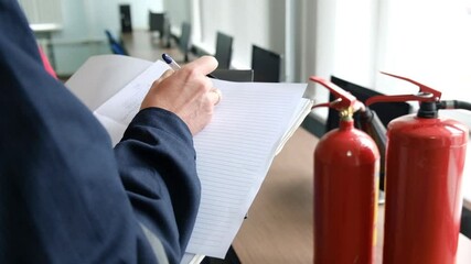 Wall Mural - engineer professional are checking a fire extinguisher and writes data to the check log. fire alarm 