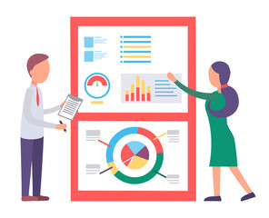 Fototapete - Man and woman exploring statistics diagrams. People telling about project and it metrics. Business analytics graphs, financial information on board. Vector illustration of meeting in flat style