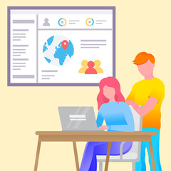 Fototapete - Woman sitting on chair at desktop and communicating with laptop wireless device. People analysis social network in computer for building business. Workers global online research in pc vector