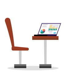 Fototapete - Red table and chair, office furniture. Electronic device, laptop for work and study. Modern design of workspace. Analytics charts on computer screen. Vector illustration of workplace in flat style