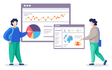 Fototapete - Web analytics information and development website statistic. Web CMS analysis measure, product testing technology, big data analytics. Dashboard site seo optimization. Digital marketing reports, flat