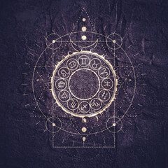 Wall Mural - Mystical geometry symbol. Linear alchemy, occult, philosophical sign. Astrology and religion concept. Zodiac circle