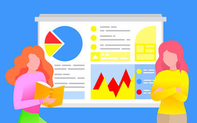 Fototapete - Two women stand near board with analytics and statistics charts and diagrams on it. People discussing on project, telling about startup to others. Businesswomen on meeting. Vector illustration in flat