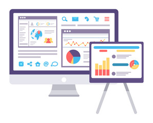 Fototapete - Web analytics information and development website statistic. Web CMS analysis measure, product testing technology, big data analytics. Dashboard site seo optimization. Digital marketing reports, flat