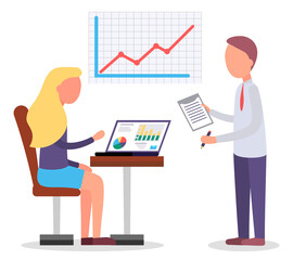 Poster - Manager explaining business schema to office worker on appointment. Woman sit and work on laptop on analysis. People look at data board and talk about project. Vector illustration in flat style