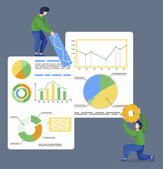 Fototapete - Two men stand near board with statistics diagrams. People using tools like graphics and gearwheel in project. Business analytics graphs with financial information. Vector illustration in flat style