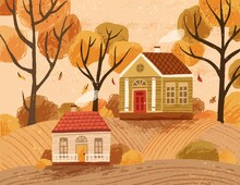 Autumn Landscape With Hygge Houses. Countryside Fall Hand Drawn Scenery With Cozy Cottages In The Forest. Seasonal Colorful Vector Illustration Of Beautiful Rural Scene