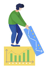 Fototapete - Man stand on board with graphic and carry another one. Analytics and statistics graphs and diagrams for presentation. Person with data charts isolated. Vector illustration of working process in flat