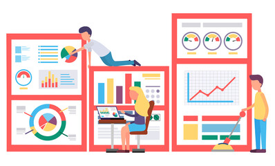 Fototapete - People cleaning at office. Woman working on laptop on analytics report. Board with business analytics and statistics charts, diagrams. Financial information for presentation. Vector illustration