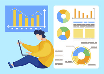Fototapete - Man sitting near board alone at office. Analytics and statistics graphics and colorful diagrams on presentation. Guy work on laptop on project plan, financial report. Vector illustration in flat style