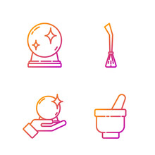 Set Line Magic Mortar And Pestle, Magic Ball On Hand, Magic Ball And Witches Broom. Gradient Color Icons. Vector.