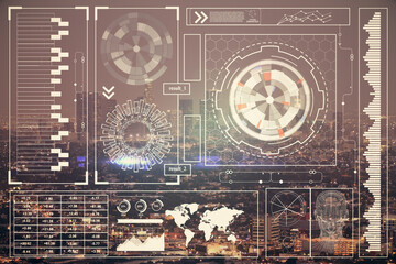  Data theme hologram drawing on city view with skyscrapers background double exposure. Ai concept.