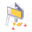 © Yuliia Osadcha - Billboard installation isometric vector illustration - process of sticking advertising on big city ooh banner.