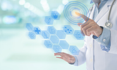 Wall Mural - Medicine doctor touching biotechnology innovation virtual interface. Analysis digital healthcare on network connection medical. 
