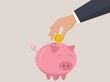 © katakari - Hand giving coin to piggy bank classic. Vector cartoon illustration