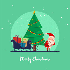 Poster - Illustration of Santa Claus Holding Rope of Gifts Sleigh and Decorative Xmas Tree on Green Grain Effect Background for Merry Christmas.