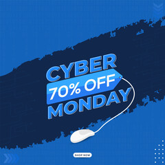 Sticker - Cyber Monday Text with 70% Off Tag, Realistic Mouse on Blue Binary Code and Circuit Board Background for Sale.