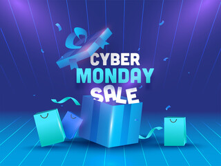 Poster - Cyber Monday Sale Text with Realistic Open Gift Box, Shopping Bags and Confetti Ribbon on Glossy Gradient Blue Strip Background.