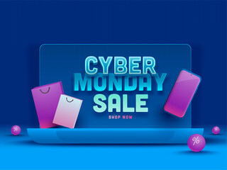 Wall Mural - cyber monday sale poster design with laptop, smartphone, shopping bags and balls on glossy blue back