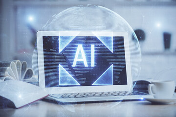 double exposure of desktop computer and technology theme hologram. concept of software development.