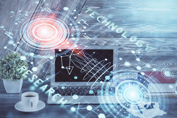 double exposure of desktop computer and technology theme hologram. concept of software development.