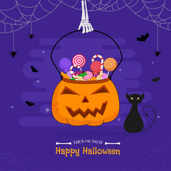 Sticker - Skeleton Hand Holding Pumpkin Basket Full of Candies with Scary Cat, Spiderweb and Bats Fly on Violet Background for Happy Halloween.