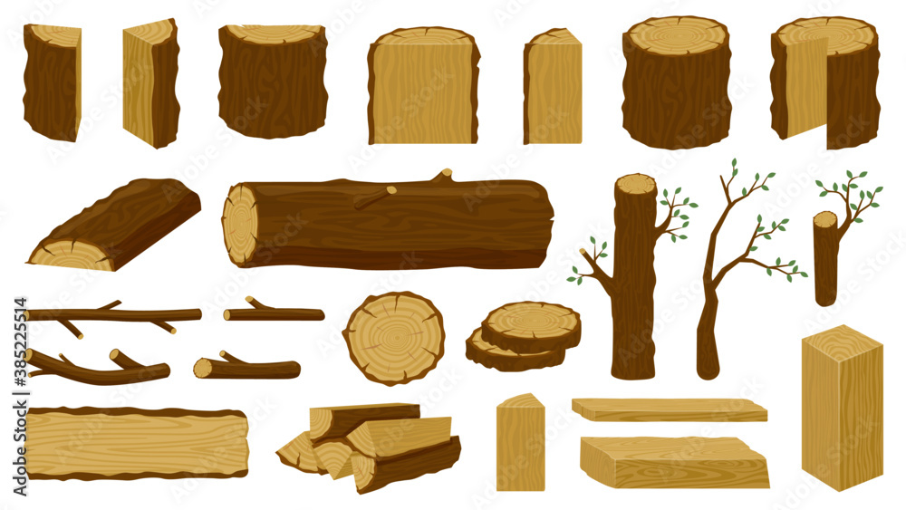 Wooden timbers. Tree trunk, woodwork planks and logging twigs, lumber ...