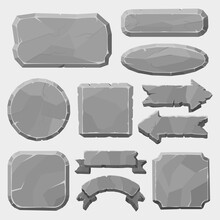 Stone Game Boards. Granite Rocks Buttons, Grey Stone Banner, Arrows And Panels, Stone Ui Elements For Game Design Vector Illustration Symbols Set. Interface Buttons For Application