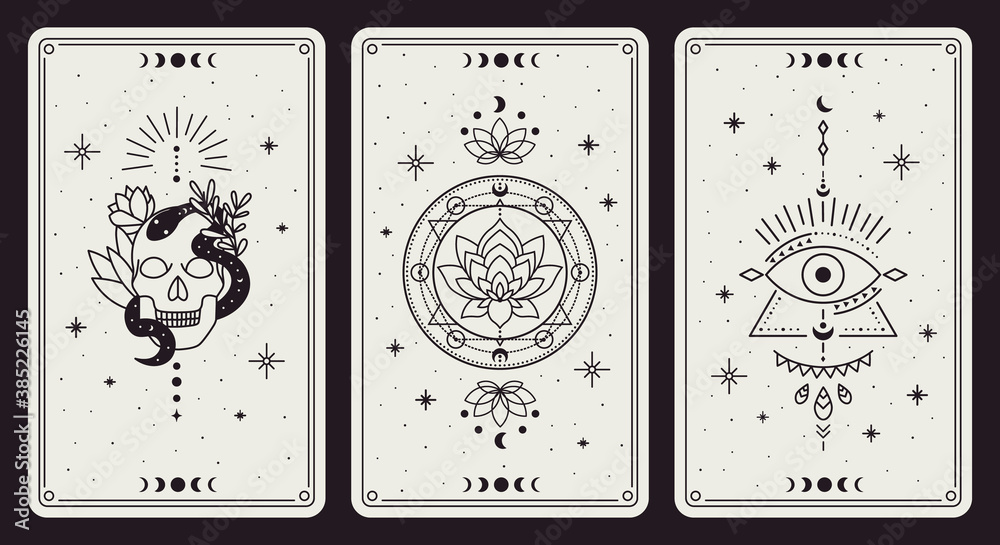 Magic occult cards. Vintage hand drawn mystic tarot cards, skull, lotus and evil eye magical symbols, magic occult cards vector illustration set. Esoteric, astrological elements for prediction - obrazy, fototapety, plakaty 