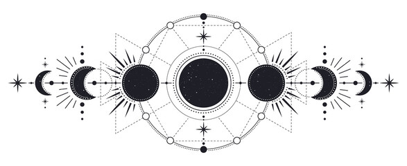 moon phases. mysterious moonlight activity stages, hand drawn sacred geometry moon, magic astrology 