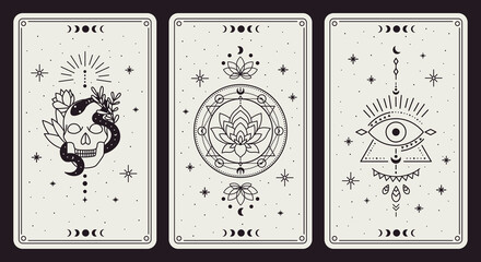 Wall Mural - Magic occult cards. Vintage hand drawn mystic tarot cards, skull, lotus and evil eye magical symbols, magic occult cards vector illustration set. Esoteric, astrological elements for prediction