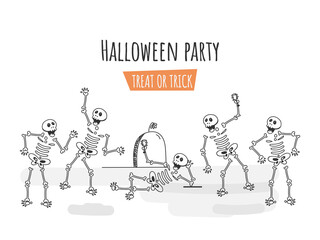 Sticker - Line Art Illustration of Human Skeletons Dancing or Enjoying with Drink Glass on White Background for Halloween Party, Treat Or Trick.