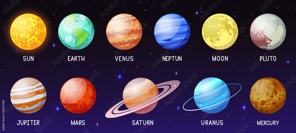 Cartoon solar system. Space planets, moon, sun, astronomical sphere earth mars mercury jupiter and venus. Galaxy space bodies vector illustration set. neptune, pluto, Uranus and moon - obrazy, fototapety, plakaty 