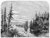 wet landscape with flat water and vegetation in Thousand islands in the Lake Ontario, North America. Ancient grey tone etching style art by Huet, published on Le Tour du Monde, Paris, 1861