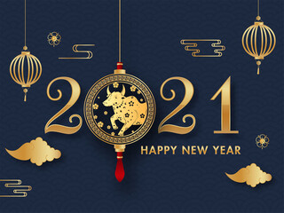 Sticker - Golden 2021 Happy New Year Text with Hanging Chinese Zodiac Ox, Lanterns and Clouds on Blue Semi Circle Pattern Background.