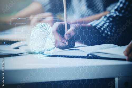 Fotografía Fingerprint scan provides safe access with biometrics identification, concept of the future of security and password control through advanced technology