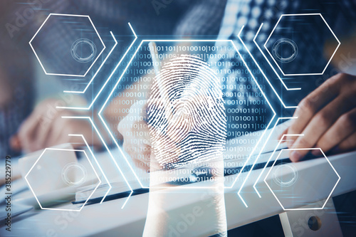 Fotografía Fingerprint scan provides safe access with biometrics identification, concept of the future of security and password control through advanced technology